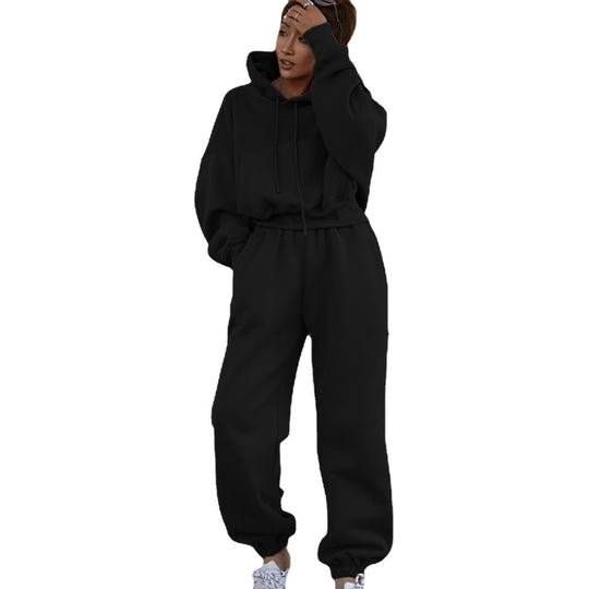 Damen kurzes Oversize-Kapuzenpullover-Set mit elastischer High-Waist-Jogginghose aus Baumwollfleece EB