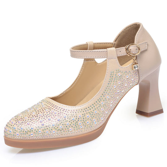 Damen Hochwertige Pumps mit funkelndem Strassbesatz und elegantem Riemen EB
