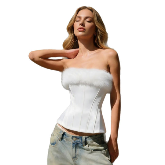 Damen-Corsage mit elegantem Pelzkragen und figurbetonendem Design EB
