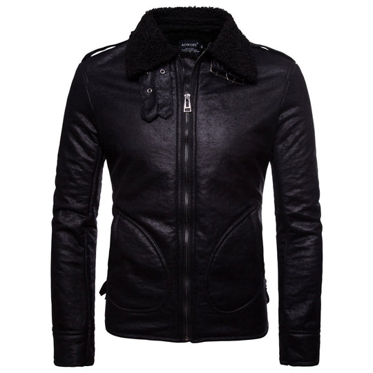 Herren Bikerjacke aus hochwertigem Kunstleder mit weichem Fleecekragen EB