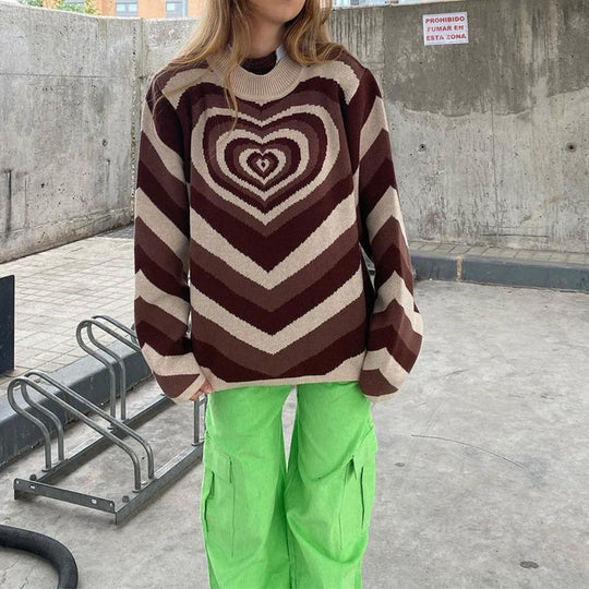 Damen nan oversized Strickpullover mit Herz-Intarsie und Chevron-Muster EB