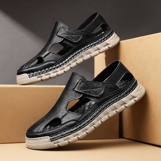Damen Luftige Ledersandalen mit verstellbarem Klettverschluss EB