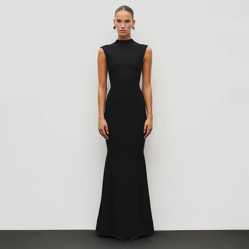 Damen Elegantes Schmalgeschossenes Maxikleid mit hohem Kragen EB
