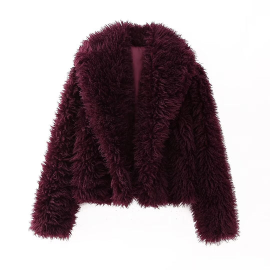Damen nan kurze kuschelige Kunstfell-Cropped-Jacke mit großzügigem Schalkragen und offener Front EB