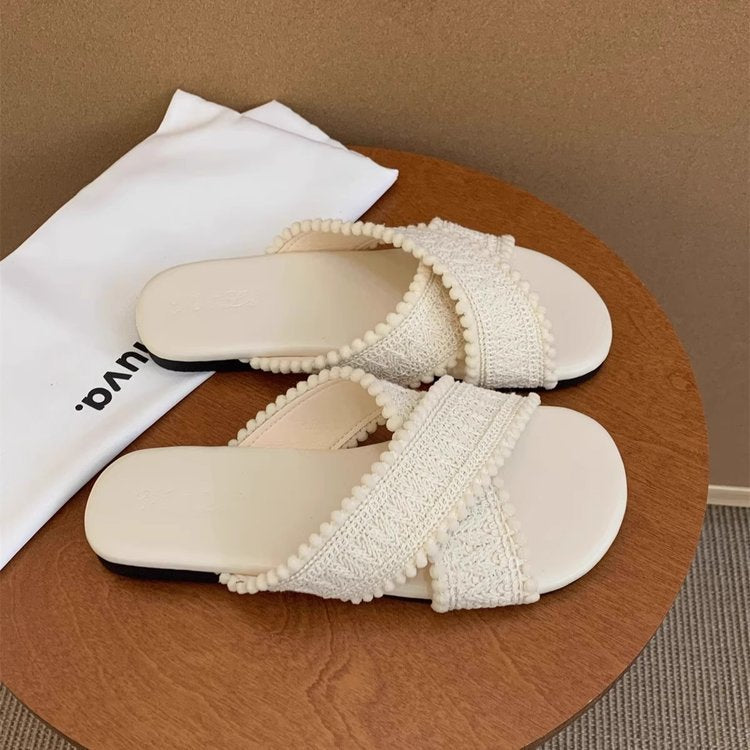 Damen elegante Hausschläppchen mit dekorativen Riemen und komfortablem Fußbett EB