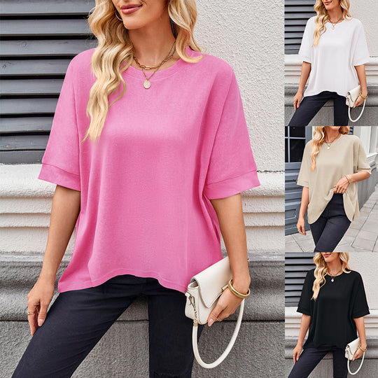 Damen lässiges Oversized T-Shirt mit seitlichen Schlitzen und umgeschlagenen Ärmeln EB