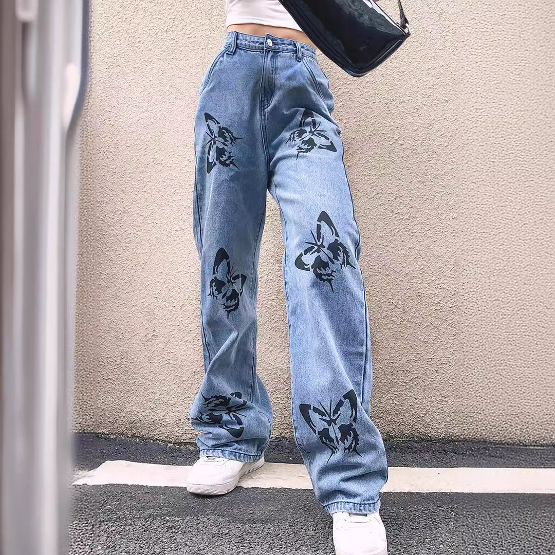 Damen nan weite High-Waist-Jeans mit Gothic-Schmetterlingsprint und entspanntem Straight-Leg EB