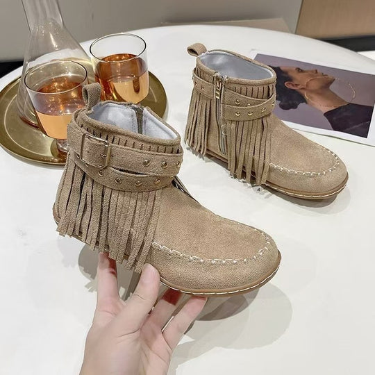 Damen nan Fransen-Mokassin-Stiefelette mit Ziergurt, Schnalle und weicher Gummisohle EB