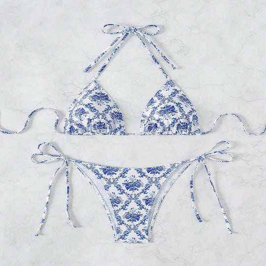 Damen Triangel-Bikini mit verspieltem Blumendesign und verstellbaren Bindebändern EB
