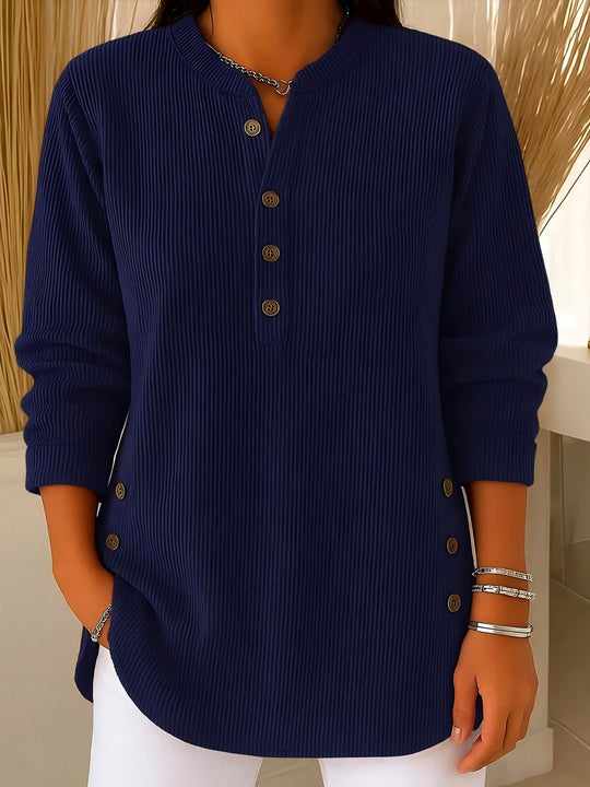 Damen nan plissee Tunika-Bluse mit Stehkragen, Knopfleiste und seitlichen Zierknöpfen EB
