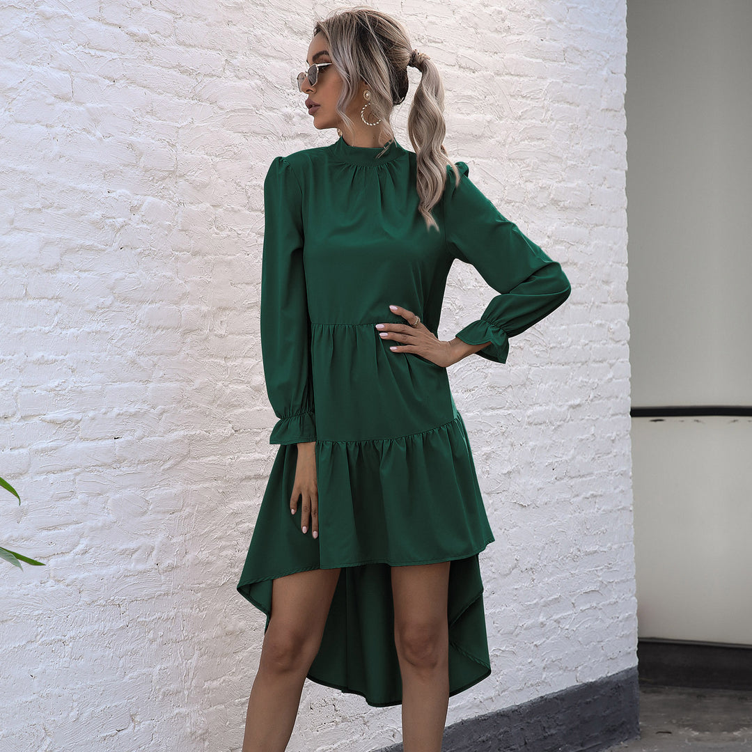 Damen elegantes, schwingendes Midi-Kleid mit Rüschen und langen Ärmeln EB