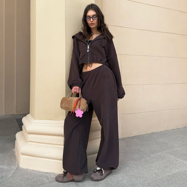 Damen oversized Kapuzenjacke mit Reißverschluss und weiten Jogginghose Lounge-Set EB
