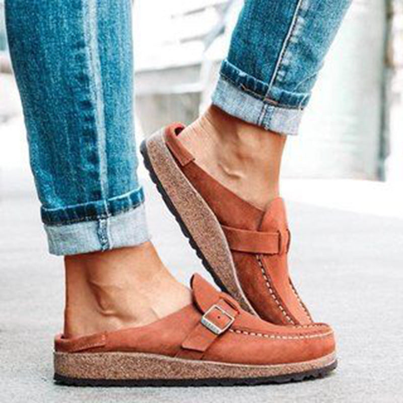 Damen Mokassin-Mule mit verstellbarer Schnalle und Kork-Plateau EB