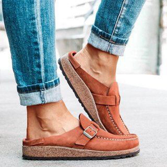 Damen Mokassin-Mule mit verstellbarer Schnalle und Kork-Plateau EB