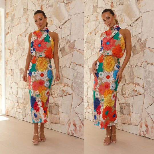 Damen Maxikleid mit kreativem Blumendesign und verspieltem Neckholder EB