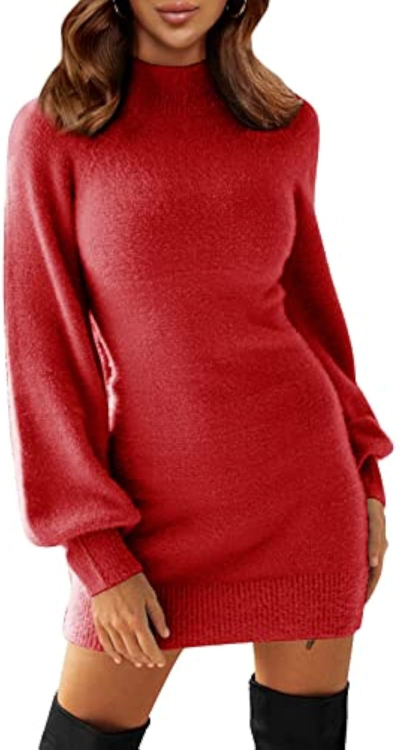 Damen Tailliertes Teddy-Strick-Minikleid mit Stehkragen und Ballonärmeln EB