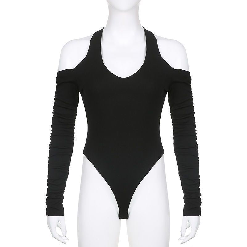 Damen Körperbetonter Langarm-Bodysuit mit tiefem V-Ausschnitt und raffinierten Rüschendetails EB