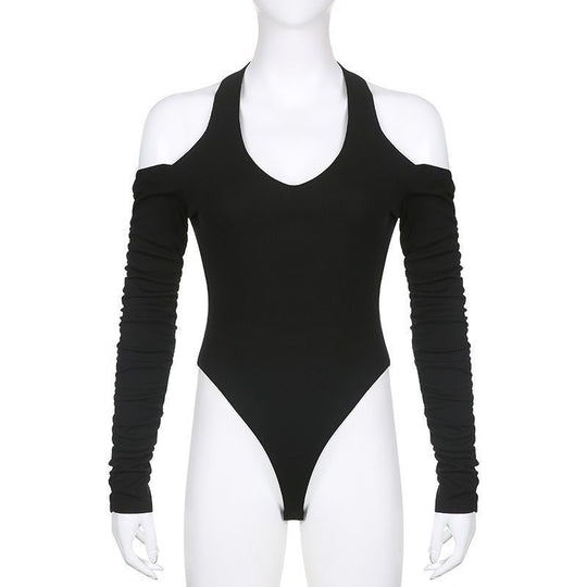 Damen Körperbetonter Langarm-Bodysuit mit tiefem V-Ausschnitt und raffinierten Rüschendetails EB