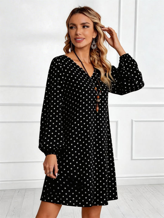 Damen Lockeres Tupfen‑Minikleid mit V‑Ausschnitt, Ballonärmeln und schwingender A‑Linie EB