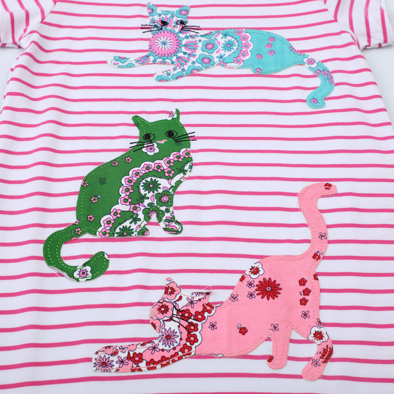 Mädchen gestreiftes Kurzarmkleid mit bunten Katzenmotiven EB