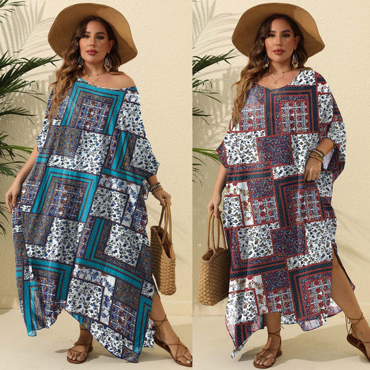 Damen luftiges Maxikleid mit farbenfrohem Patchwork-Design EB