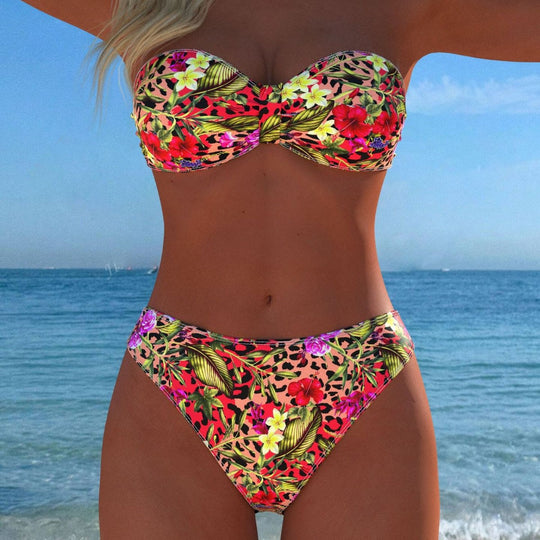 Damen Bandeau-Bikini mit floralem Muster und hohem Beinausschnitt EB