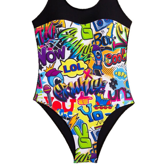 Damen Einteiliger Badeanzug mit buntem Graffiti-Design EB