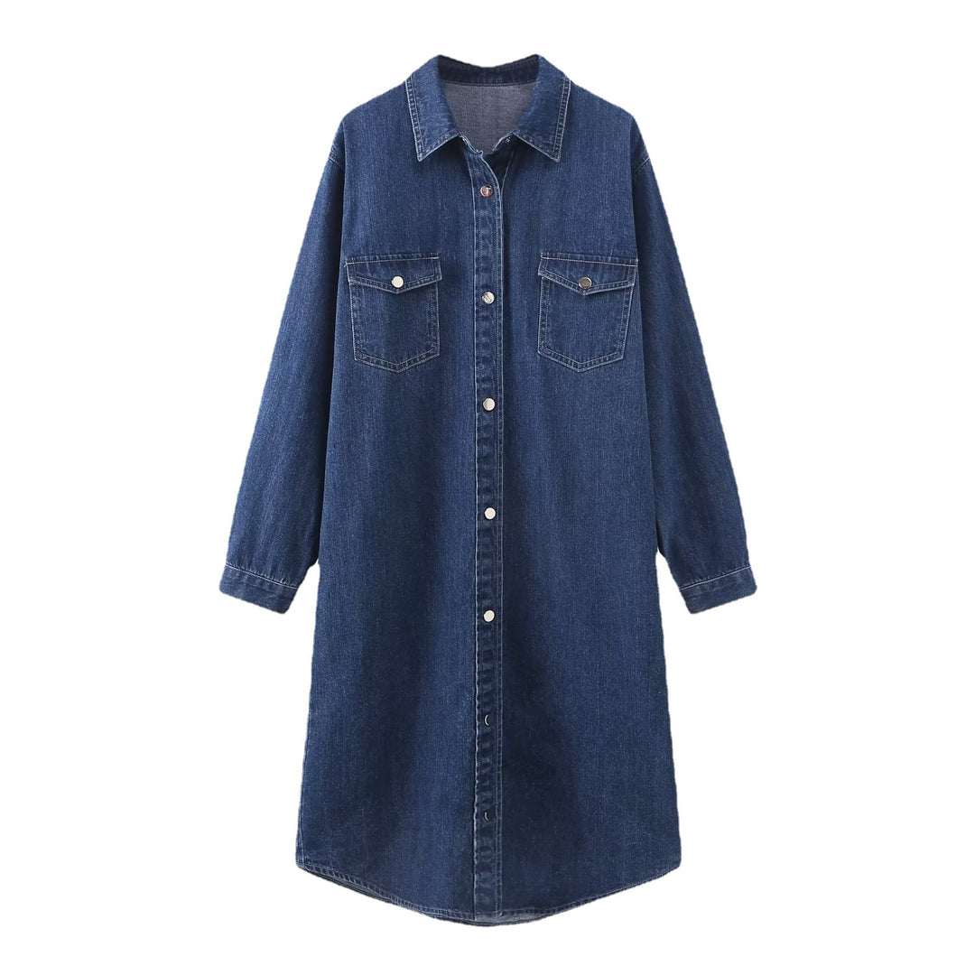 Damen Langes Denim-Hemdblusenkleid mit Knopfleiste und Brusttaschen EB