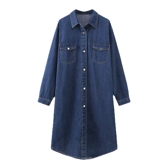 Damen Langes Denim-Hemdblusenkleid mit Knopfleiste und Brusttaschen EB