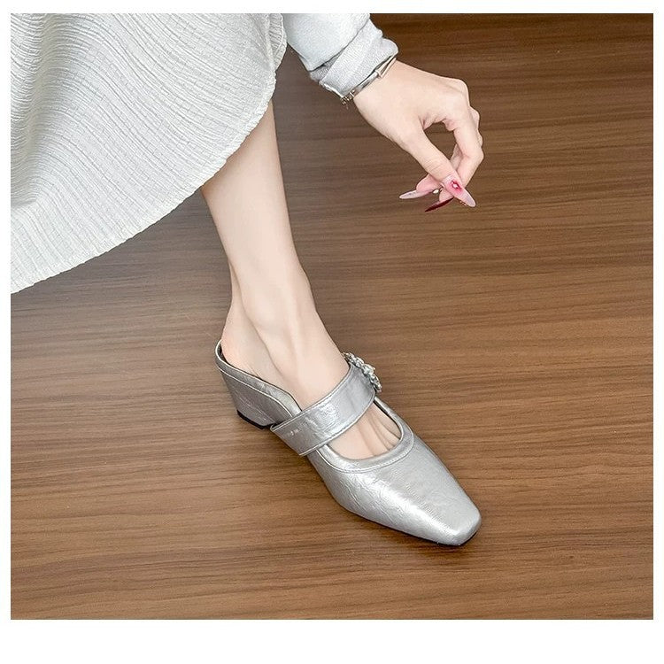 Damen elegante Mules mit funkelndem Riemen und komfortablem Blockabsatz EB
