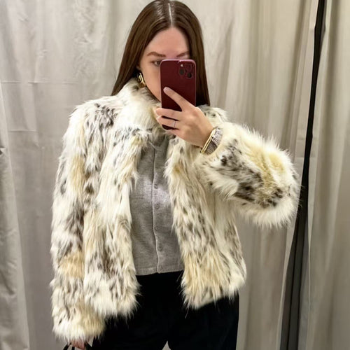 Damen nan kurzes Kunstfell-Cropped-Jacke mit Stehkragen, soften Fasern und melierter Struktur EB