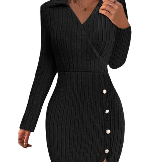 Damen Strick-Wickelkleid mit Eleganten Knöpfen EB