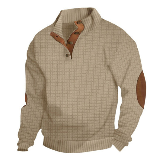 Herren nan waffelstruktur-Troyer mit Stehkragen Druckknopf-Leiste und Nappaleder-Ellenbogenpatches EB