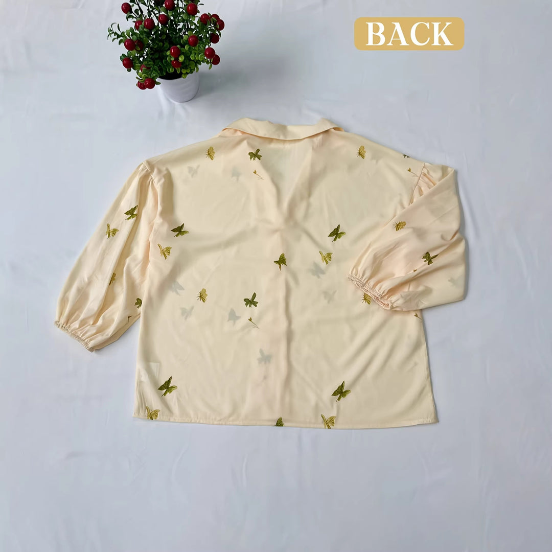 Damen Bluse mit Rüschendetails und floralem Stickdesign EB
