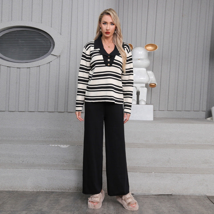 Damen elegantes Strick-Loungewear-Set mit einem modischen Kragen und weit geschnittenen Hosen EB
