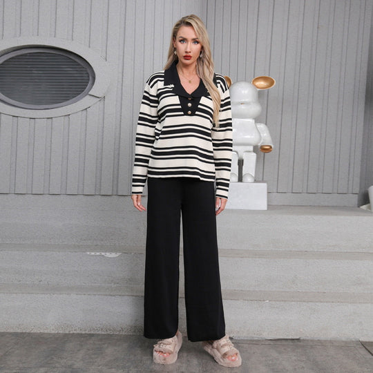 Damen elegantes Strick-Loungewear-Set mit einem modischen Kragen und weit geschnittenen Hosen EB