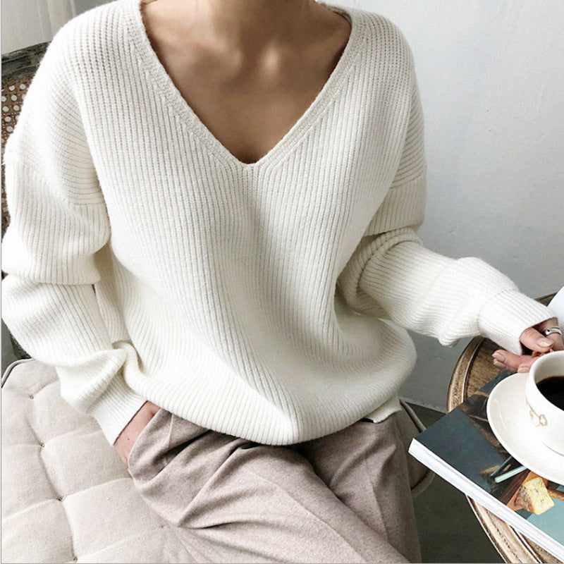 Damen lässiger Strickpullover mit V-Ausschnitt und weit geschnittenen Ärmeln EB