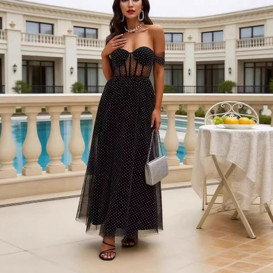 Damen Elegant schulterfreies Maxikleid mit transparenten Einsätzen und Pünktchenmuster EB