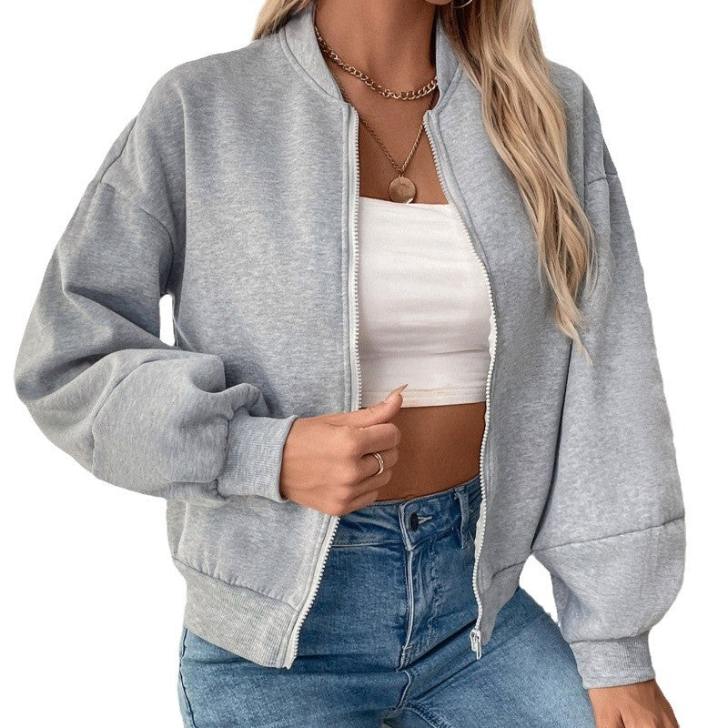 Damen sportliche Sweatjacke mit voluminösen Ärmeln und hohem Kragen EB