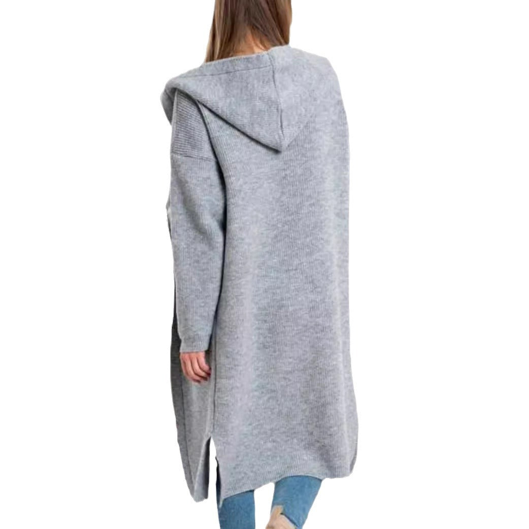 Damen Strickmantel mit Kapuze und großen Taschen EB