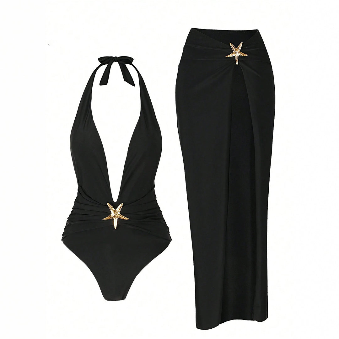 Damen Elegantes Maxi-Strandkleid mit tiefem V-Ausschnitt und dekorativen Stern-Applikationen EB