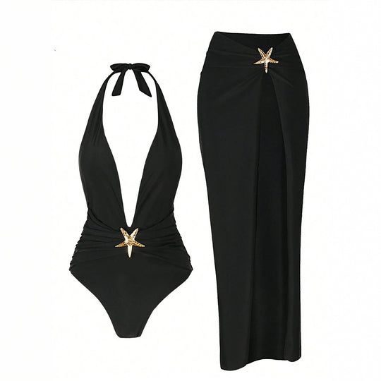 Damen Elegantes Maxi-Strandkleid mit tiefem V-Ausschnitt und dekorativen Stern-Applikationen EB