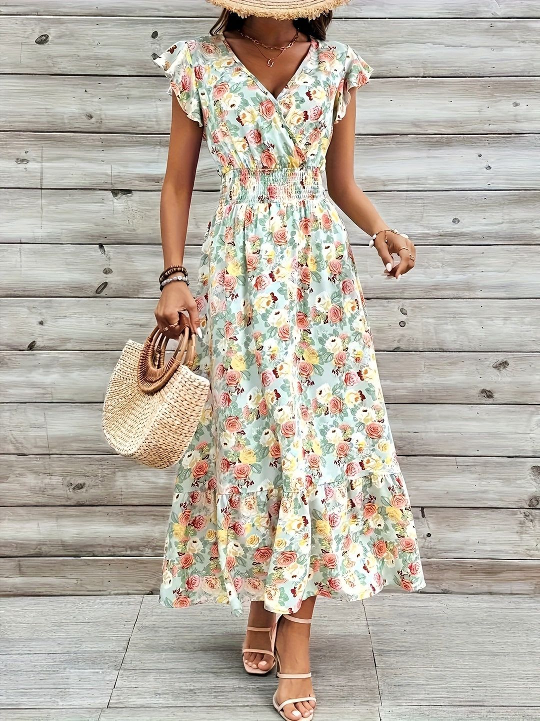 Damen Maxikleid mit floralem Design und lässigem V-Ausschnitt EB