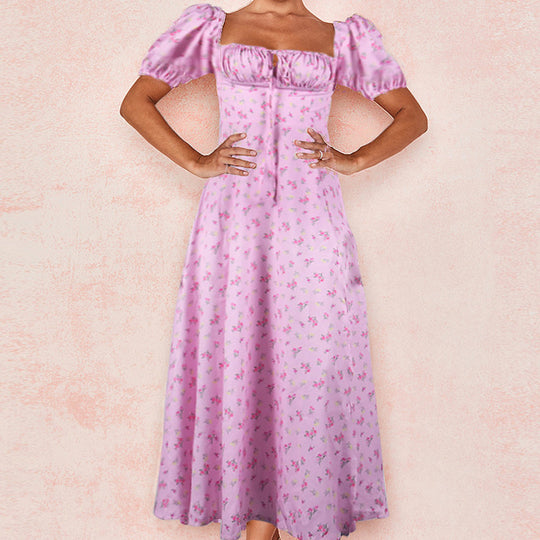 Damen Maxikleid mit Puffärmeln und floralem Cut-out-Design EB