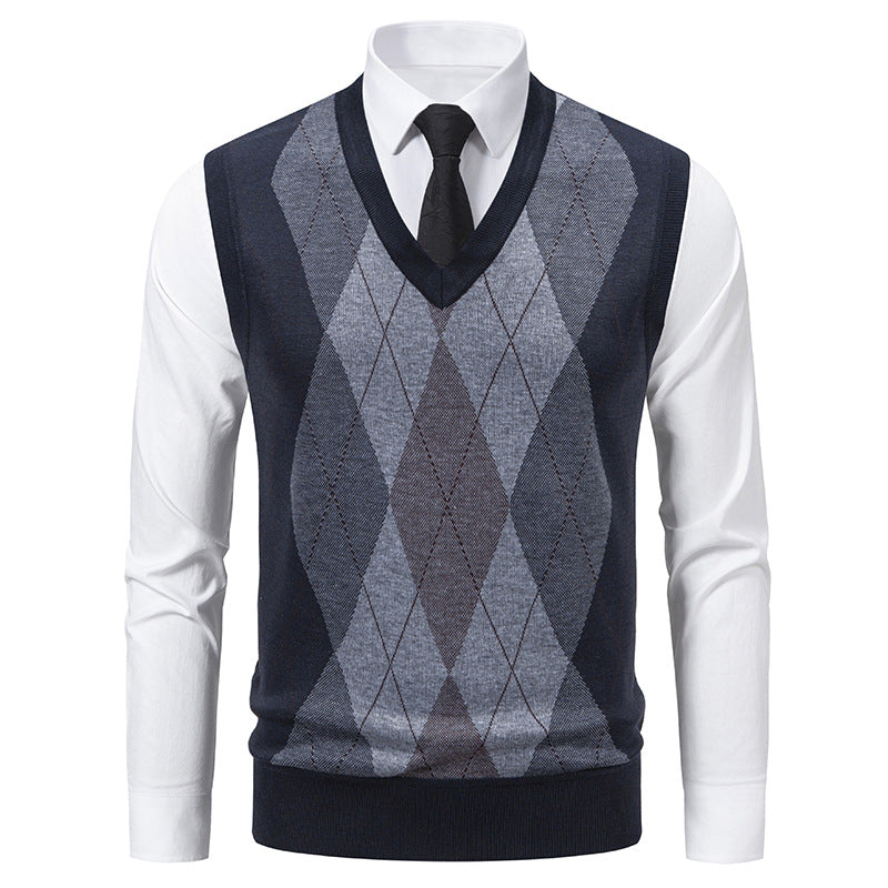 Herren V-Ausschnitt Strickpullover mit elegantem Rautenmuster EB