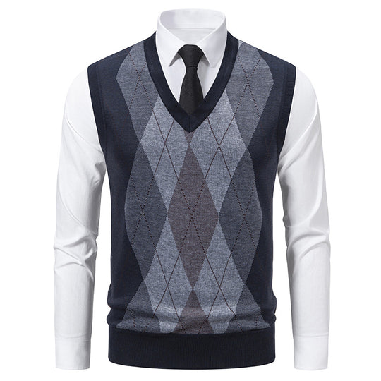 Herren V-Ausschnitt Strickpullover mit elegantem Rautenmuster EB