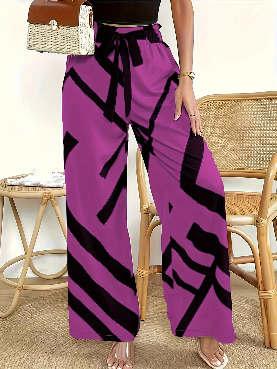Damen Weite Palazzo-Hose mit modernem Grafikdruck und elastischem Bund EB