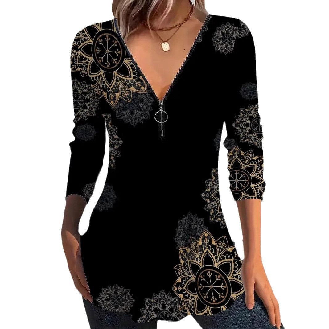 Damen Bluse mit floralen Mustern und V-Ausschnitt EB