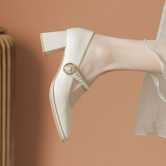 Damen Mary Jane Pumps mit elegantem Perlenschmuck und Blockabsatz EB