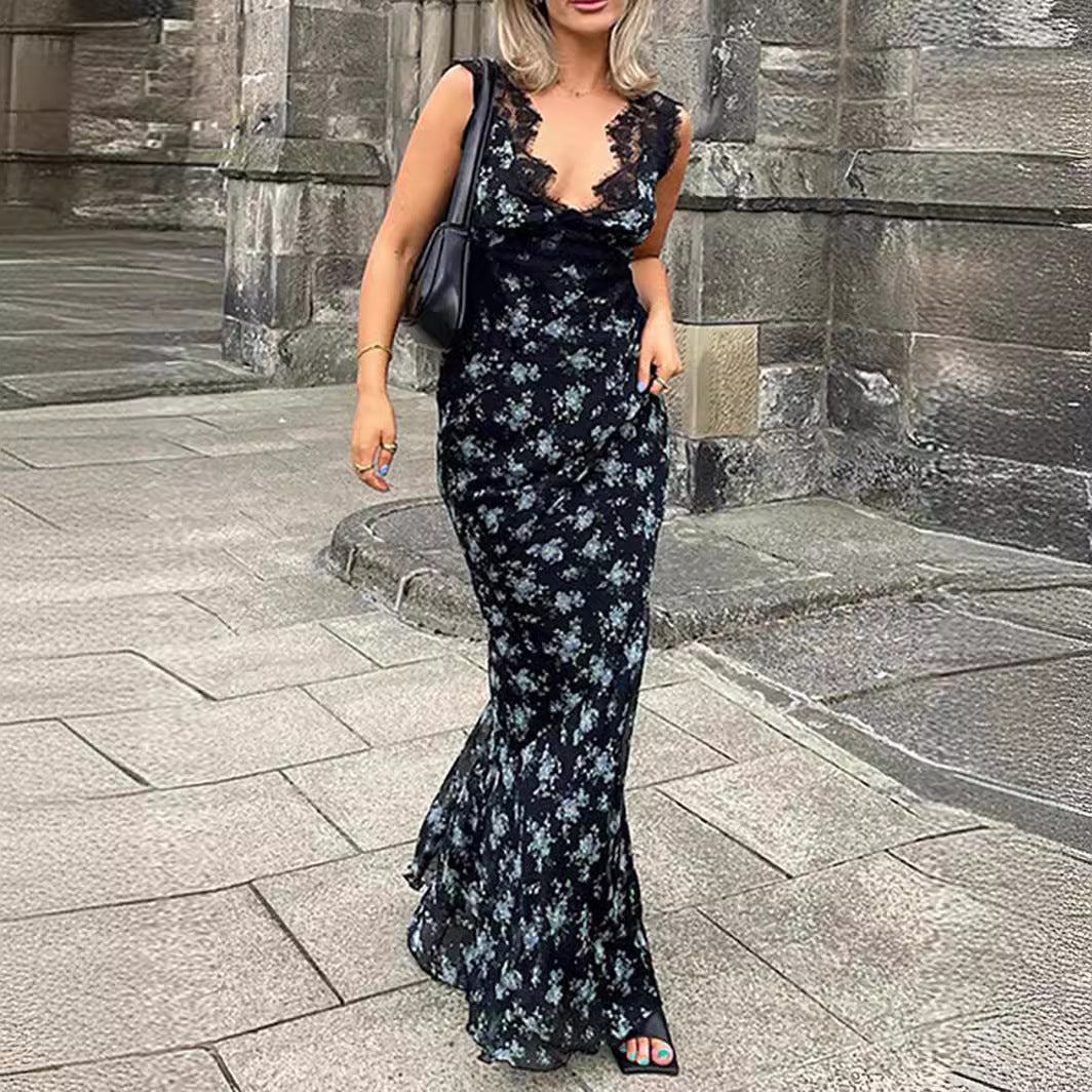 Damen Maxikleid mit floralen Spitzenakzenten EB